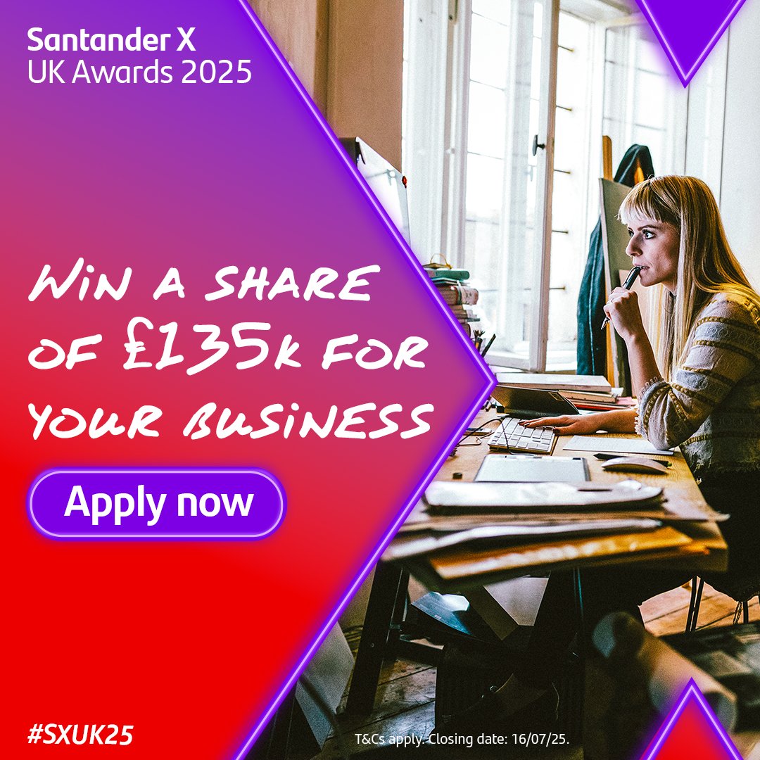Ready to turn your big idea into a success?🚀

Apply for the Santander X UK Awards 2025 and you could win up to £30,000 in funding, gain national exposure, and join a vibrant community of innovators.

⏰Deadline: 16 July 2025

Apply: ow.ly/Qpmp50W6QYS 18+, T&amp;Cs apply.