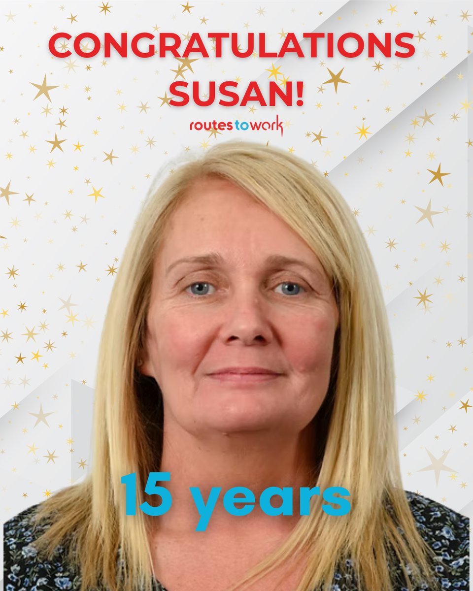 🎊 We would like to celebrate our very own Susan Young on being with Routes to Work for 15 years.

She has supported hundreds (if not thousands) of individuals from all over North Lanarkshire to change their lives for the better.

Congratulations Susan!
