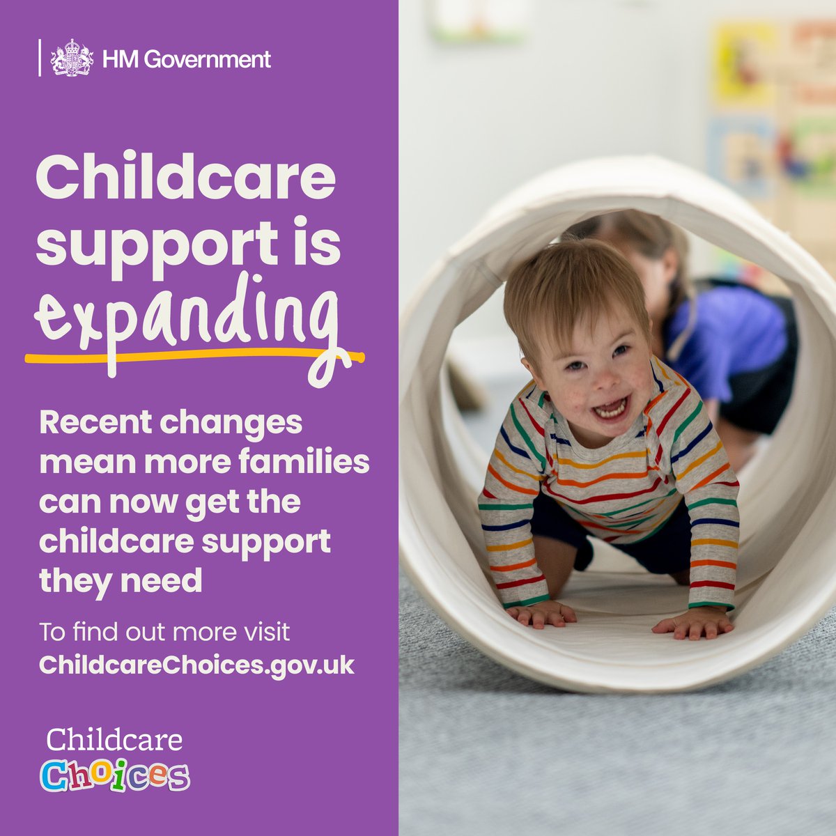 From Sept, 15 hours childcare for working families with children under 3 will expand to 30 hours. This means eligible working families can now apply for 30 hours childcare from the term after their child turns 9 months until school age.

Apply by 31 August
childcarechoices.gov.uk