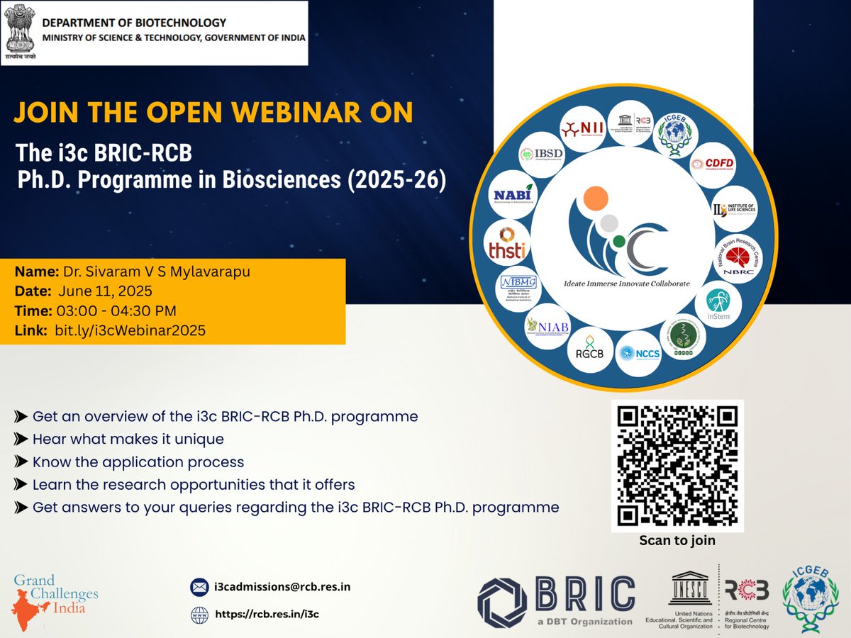 Join us tomorrow to know more about the i3c BRIC-RCB PhD program in Biosci with Dr Sivaram Mylavarapu.
i3c BRIC-RCB PhD is a collaborative initiative of BRIC with RCB &amp; ICGEB, a new PhD training model based on the principles of ideate, immerse, innovate &amp; collaborate #i3c.