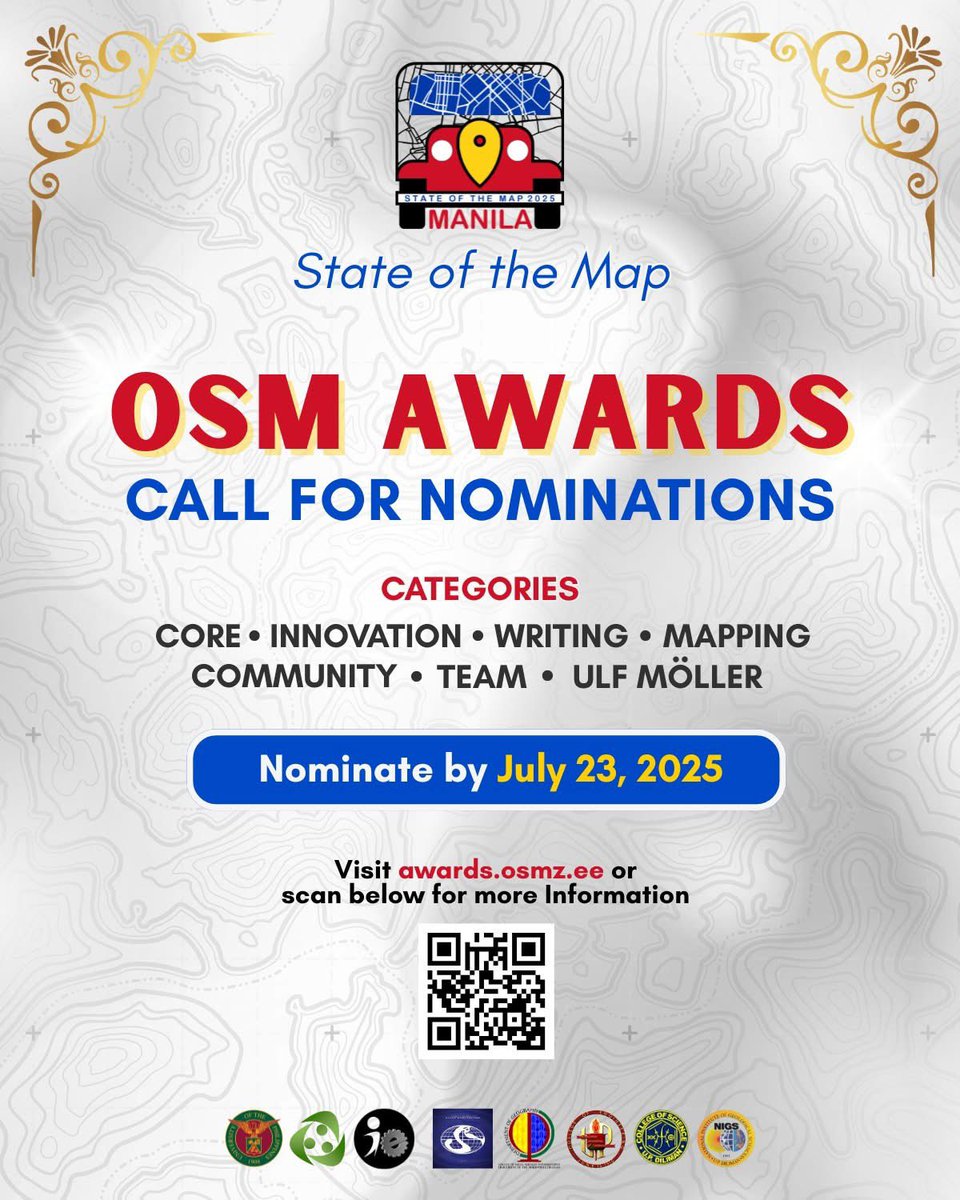 🏆 #OpenStreetMap Awards Call for Nominations  🏆

OSM Awards is a global recognition event that celebrates contributors from all corners of the OSM project – including mappers, developers, community organizers, writers, and everyone who makes OSM great. 

#OSMAwards2025