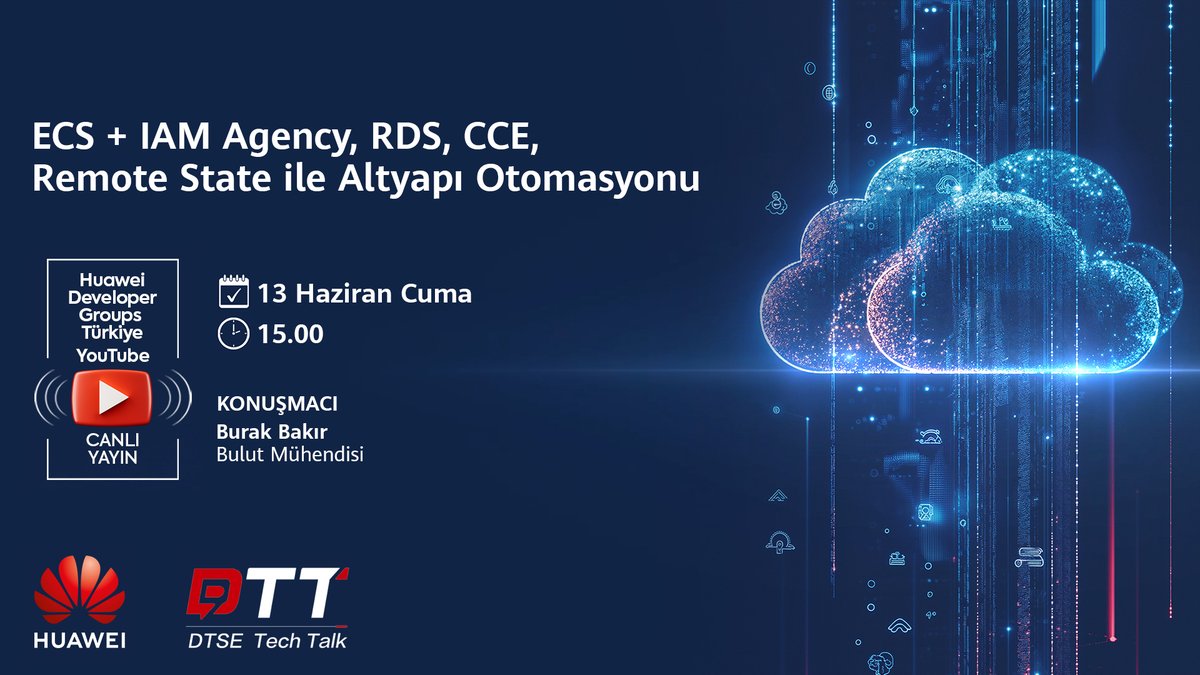 Bu eğitimde, Huawei Cloud üzerinde altyapı kaynaklarının kodla yönetimine dair ileri seviye uygulamaları ele alacağız.

ECS kaynaklarının IAM Agency ile oluşturulması, RDS veri tabanı kurulumu, CCE (Kubernetes) kümesi yapılandırması ve remote state yönetimi gibi pek çok pratik