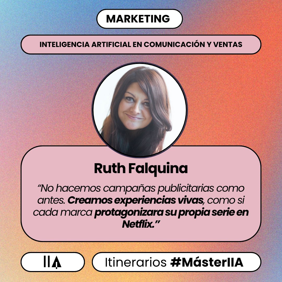 Instituto de Inteligencia Artificial (@iia_es) on Twitter photo 💬 "Ya no hacemos compañas. Creamos 1,6 billones de adaptaciones líquidas. Y eso es posible gracias a la cocreación entre humanos y algoritmos."
Así lo explicó <a href="/RuthFalquina/">Ruth Falquina</a> en su sesión de ayer en el #MásterIIA, dentro del itinerario de Marketing, Comunicación y Ventas. 💬 "Ya no hacemos compañas. Creamos 1,6 billones de adaptaciones líquidas. Y eso es posible gracias a la cocreación entre humanos y algoritmos."
Así lo explicó <a href="/RuthFalquina/">Ruth Falquina</a> en su sesión de ayer en el #MásterIIA, dentro del itinerario de Marketing, Comunicación y Ventas.