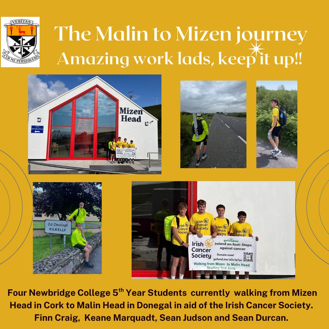 👏BIG SHOUT OUT to Newbridge College Students Finn Craig, Sean Judson, Keane Marquardt &amp; Sean Durcan who are currently walking from Mizen Head in Cork to Malin Head in Donegal ...  visit the group’s GoFundMe page 🔽
rb.gy/wiz436