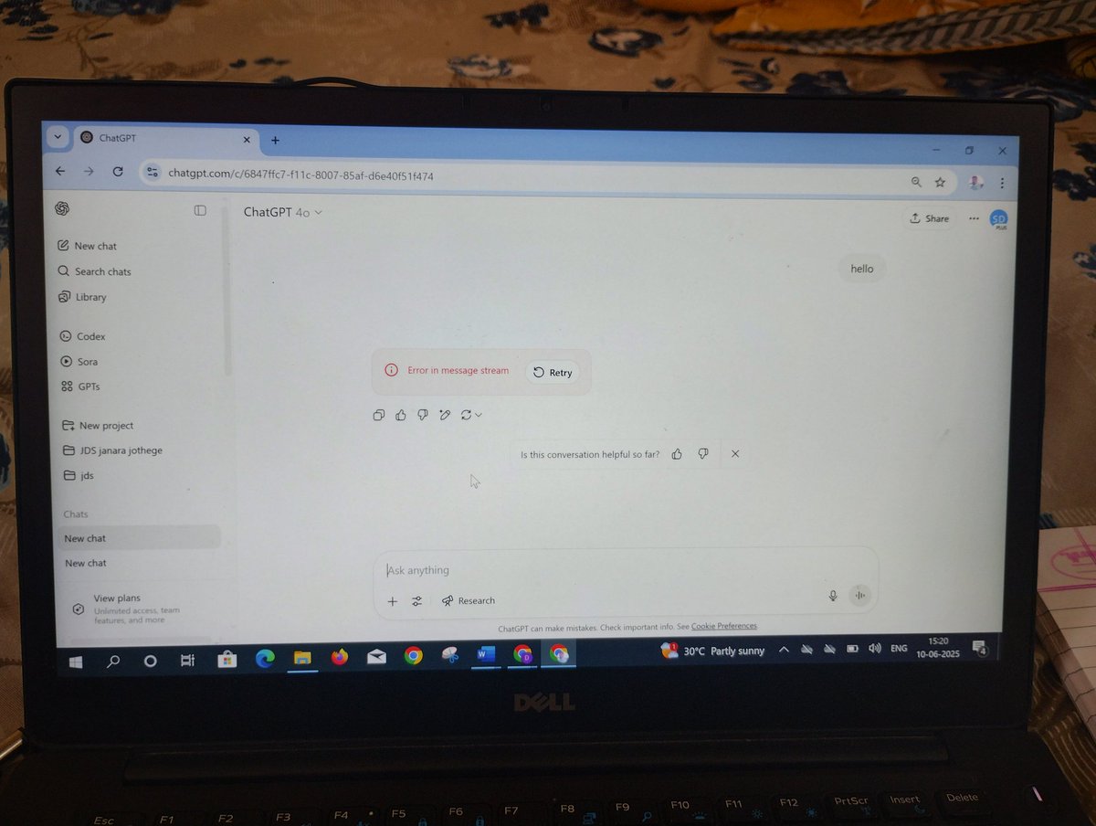 LalanaPooj44142's tweet image. Chat GPT down in India shows Error in message stream
 #ChatGPTdown

@ChatGPTapp @ChatGPTapp @chatgptricks 
#ChatGPTPlus #chqtgpt #ChatGPTdown