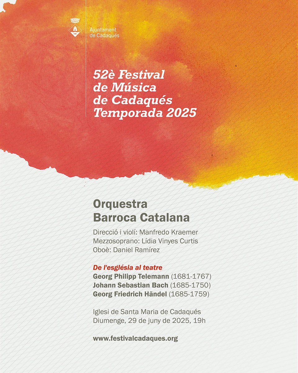 🎻 Orquestra Barroca Catalana 

🗓️ 29 de juny
🕖 19:00h
📍 Iglesi Santa Maria

🎟️ Entrades online: entradas.codetickets.com/entradas/fet-m…

#aCadaqués #52èfestivalmúsicacadaqués