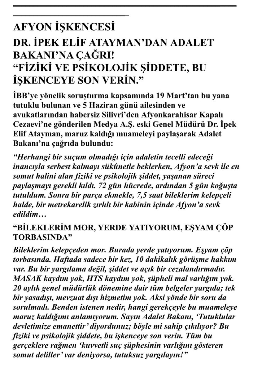 Tüm bunlar itirafçı olup “Duymuştum” diye ifade versin diye mi yapılıyor?

📌“7,5 buçuk saat kelepçeli ve bir metrekarelik zırhlı kabinin içinde…”

📌“Burada yerde yatıyorum. Eşyam çöp torbasında. Haftada sadece bir kez, 10 dakikalık görüşme hakkım var”