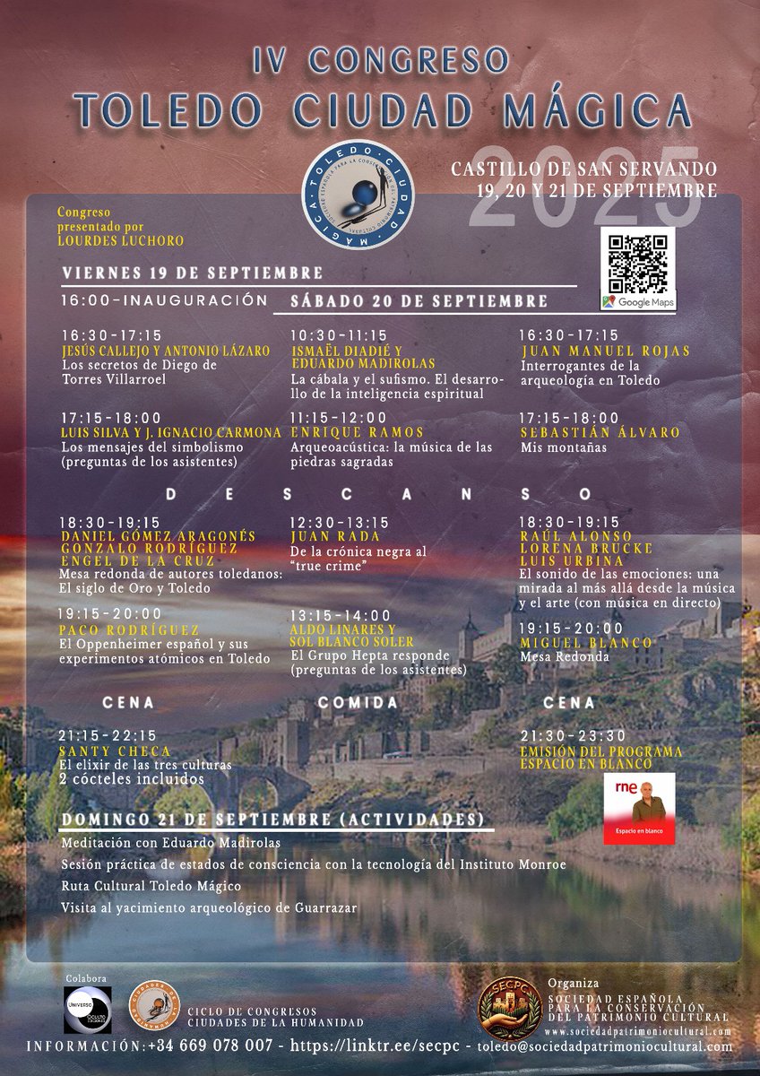 🧵IV Congreso TOLEDO CIUDAD MÁGICA 2025
📍 Castillo de San Servando.
🗓 19, 20 y 21 de septiembre.
Un fin de semana para sumergirse en el misterio, la historia y la magia.
Ponentes de lujo, convivencia, actividades y más. ¡Te lo contamos! 👇