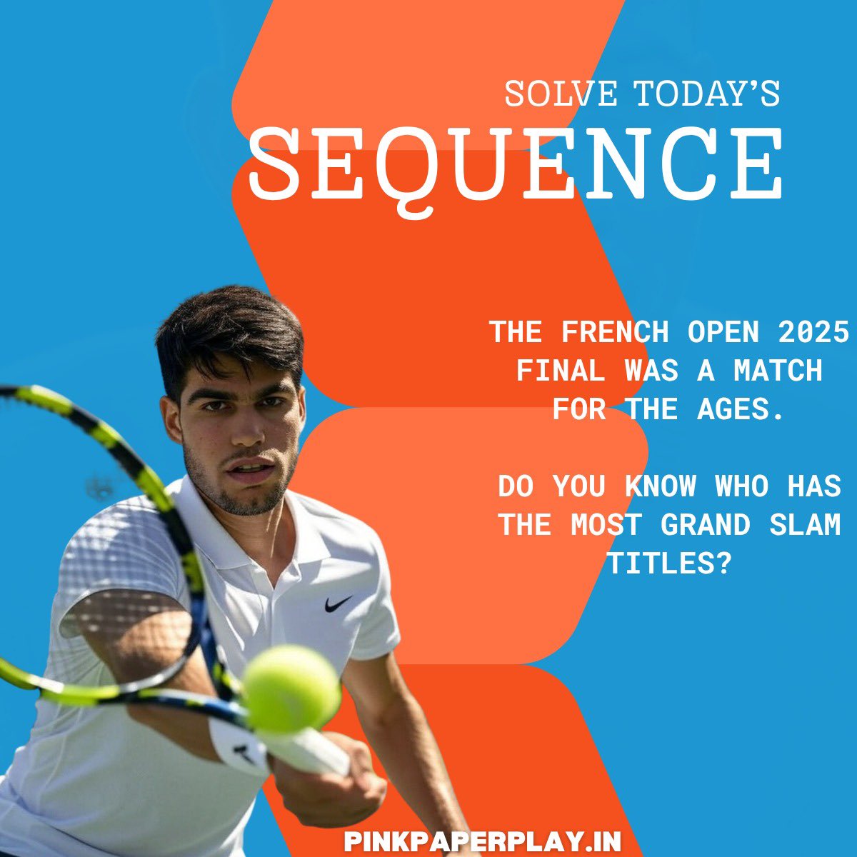 What a match, right?!!

The French Open 2025 ended with Carlos Alcaraz bagging his fifth Grand Slam.

Do you know who has the most Grand Slam titles in history?

Play today’s Sequence: pinkpaperplay.in/games/sequence…

#frenchopen2025 #Alcaraz #tennis #grandslam #news #games