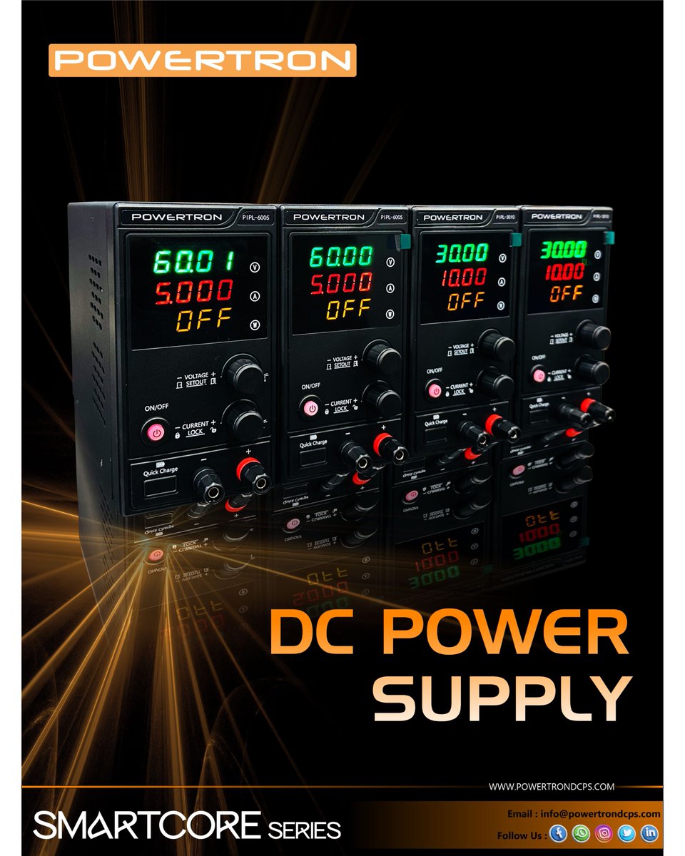 VIVEK_POWERTRON's tweet photo. Unveiling Powertron's SmartCore Series DCPS!
Precision-built & endurance-tested, now in:
60V@5A | 30V@30A | 60V@15A | 30V@10A
Universal AC input
CV-CC mode
Rugged & compact
OV/OC/SC Protection
#SmartCoreSeries #Powertron #DCPS #Automation #EVTesting #MadeInIndia #NewLaunch https://t.co/Y5NDESTqO1