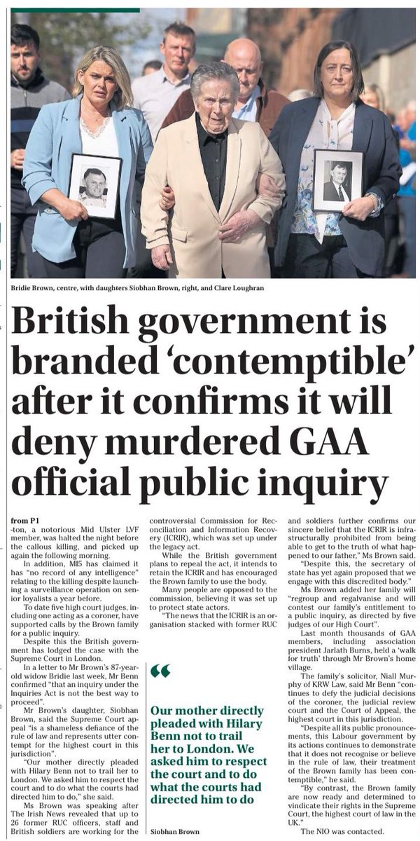 KRW Law Human Rights (@krwlaw) on Twitter photo Sean Brown Inquiry
Sec of State officially confirms in writing that he will refuse to abide by the clear direction of the Judiciary (5 High Court Judges) and formally refuses to convene a public inquiry.
<a href="/loughran_clare/">Clare Loughran</a>
<a href="/FinucaneCentre/">Pat Finucane Centre</a>
irishnews.com/news/northern-… Sean Brown Inquiry
Sec of State officially confirms in writing that he will refuse to abide by the clear direction of the Judiciary (5 High Court Judges) and formally refuses to convene a public inquiry.
<a href="/loughran_clare/">Clare Loughran</a>
<a href="/FinucaneCentre/">Pat Finucane Centre</a>
irishnews.com/news/northern-…