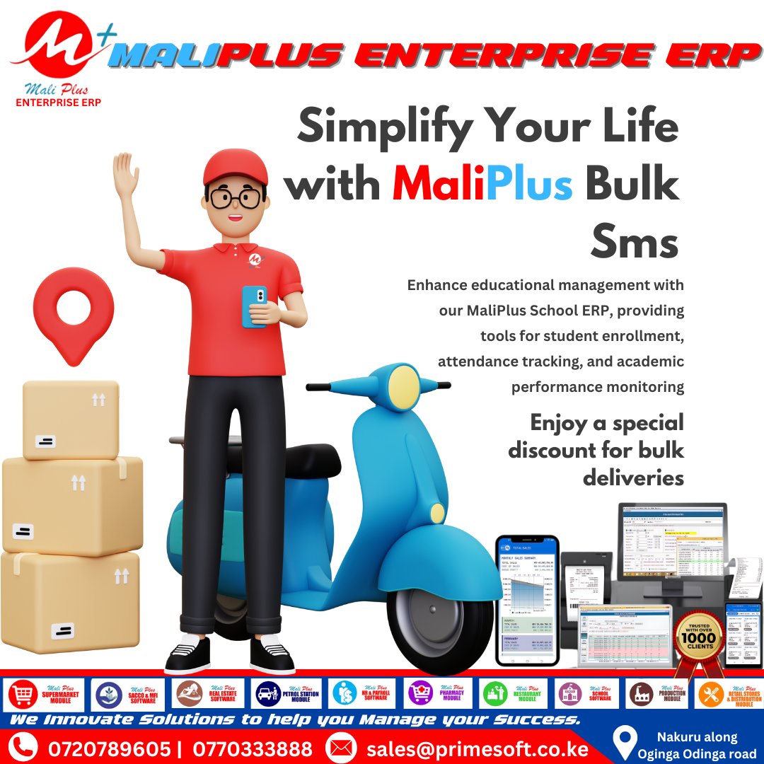 MaliPlusERP's tweet image. Enhance communication in your institution with MaliPlus Bulk SMS.
Track, enroll, and manage students with ease. Enjoy discounted bulk delivery today.
#PrimesoftSolutions #MaliPlusERP #BulkSMSKenya #SchoolTech #EducationERP #KenyaTech