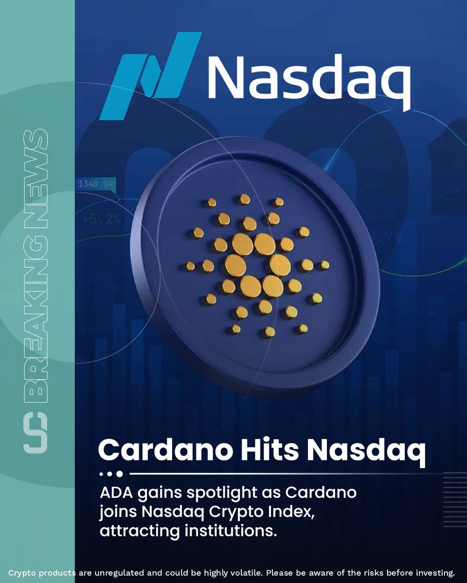 Cardano Hits Nasdaq!
ADA steps into the spotlight as it officially joins the Nasdaq Crypto Index!

This major milestone boosts Cardano’s visibility among institutional investors and strengthens its position in the crypto ecosystem.

#Cardano #ADA #Nasdaq #CryptoNews #CryptoIndia