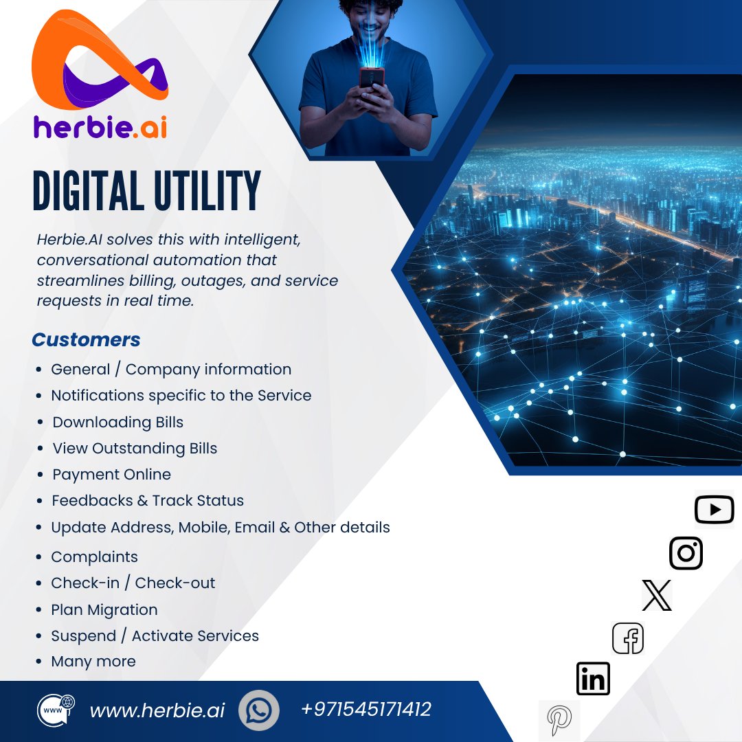 HerbieAI's tweet image. 🔗herbie.ai
📲+971545171412,📲 +1 415 498 0219,📲 +91 9361030129
📧sales@herbie.ai
#DigitalUtility #UtilityTech #SmartUtilities #AIForUtilities
#UtilityInnovation #AIChatbot #CustomerExperience #AIInAction
#CXTransformation #TechDisruption #AIRevolution
#Futures