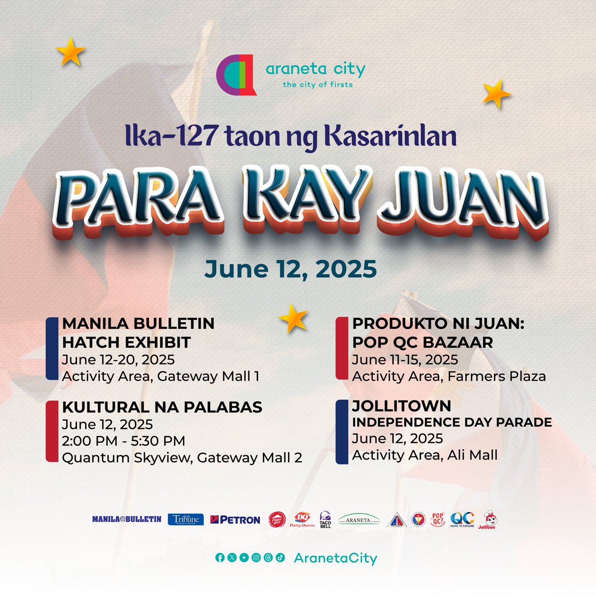 Tara sa #AranetaCity para ipagdiwang ang ika-127 taon ng Kasarinlan! Halina't makisaya, dahil ang lahat ng ito ay #ParaKayJuan!

#CityOfFirsts #IndependenceDay2025