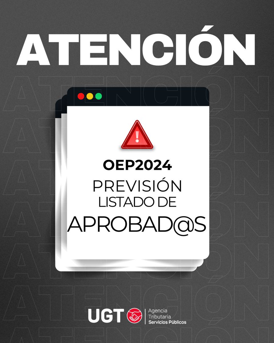 ugtaeat's tweet image. ‼️ OEP2024 CTH
📆 Previsiblemente se publicará el listado de aprobad@s de la OEP2024 del Cuerpo Técnico de Hacienda la semana del 23 de junio.
📢 Seguiremos informando de cualquier novedad.
🍀 ¡Mucha suerte a tod@s!