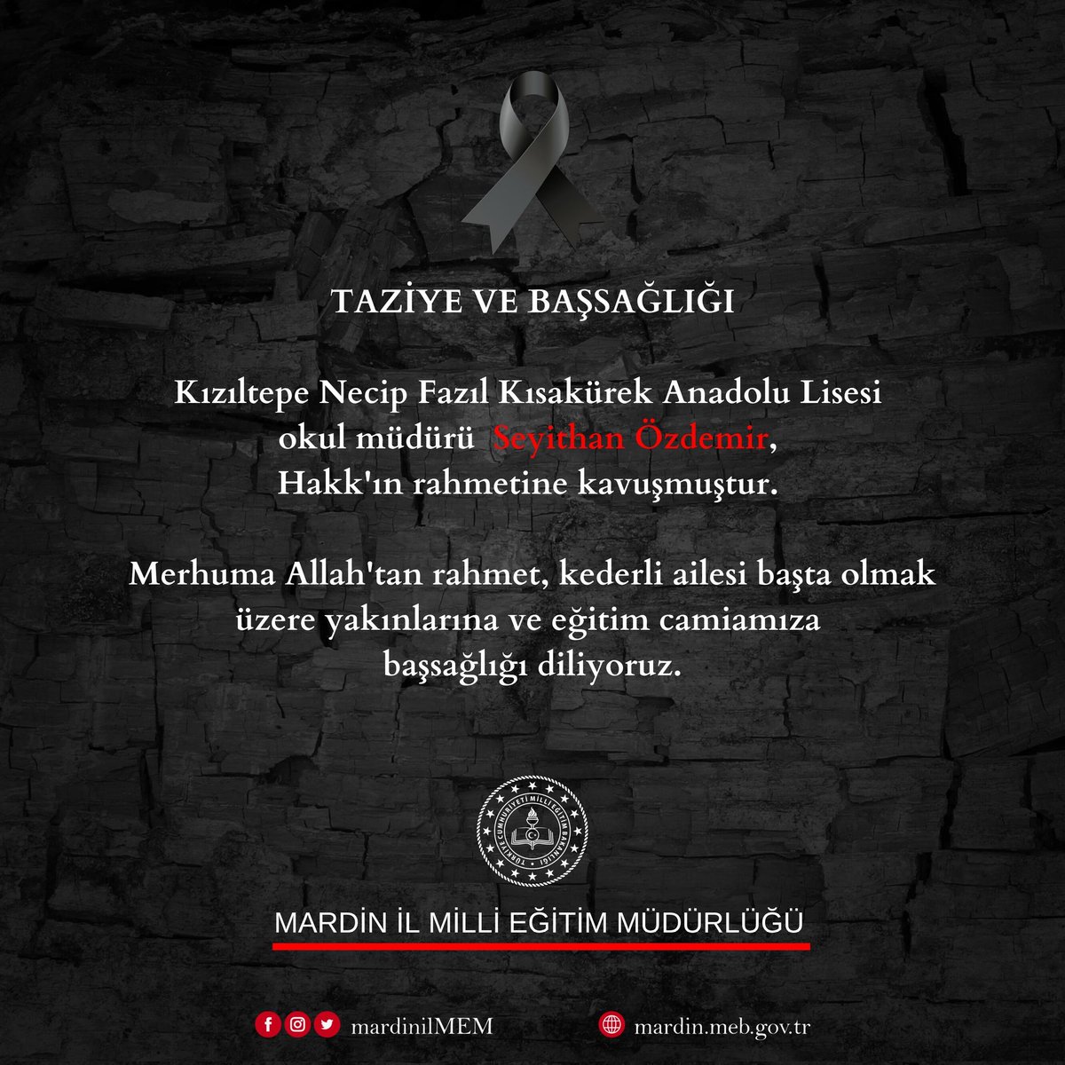 Taziye Mesajı...
<a href="/tcmeb/">Millî Eğitim Bakanlığı</a> 
<a href="/Yusuf__Tekin/">Yusuf Tekin</a> 
<a href="/tuncay_akkoyun/">Tuncay Akkoyun</a> 
<a href="/ali_eyyupkoca/">Ali Eyyupkoca</a>