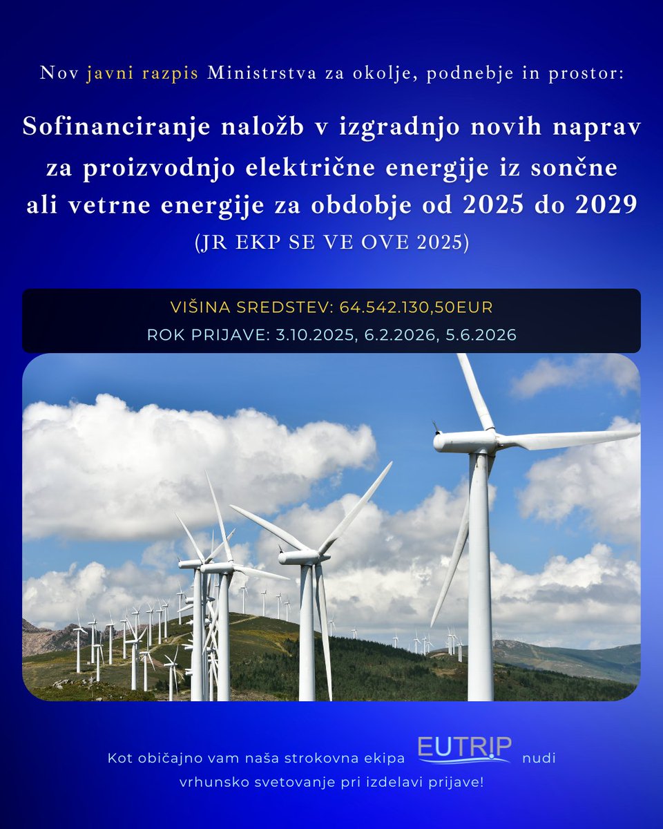 Ministrstvo za okolje, podnebje in energijo je objavilo nov JAVNI RAZPIS
➡️ za sofinanciranje naložb v izgradnjo novih naprav za proizvodnjo električne energije iz sončne ali vetrne energije za obdobje od 2025 do 2029 (JR EKP SE VE OVE 2025).💪

Več 👉 eutrip.si/2025/06/10/nov…