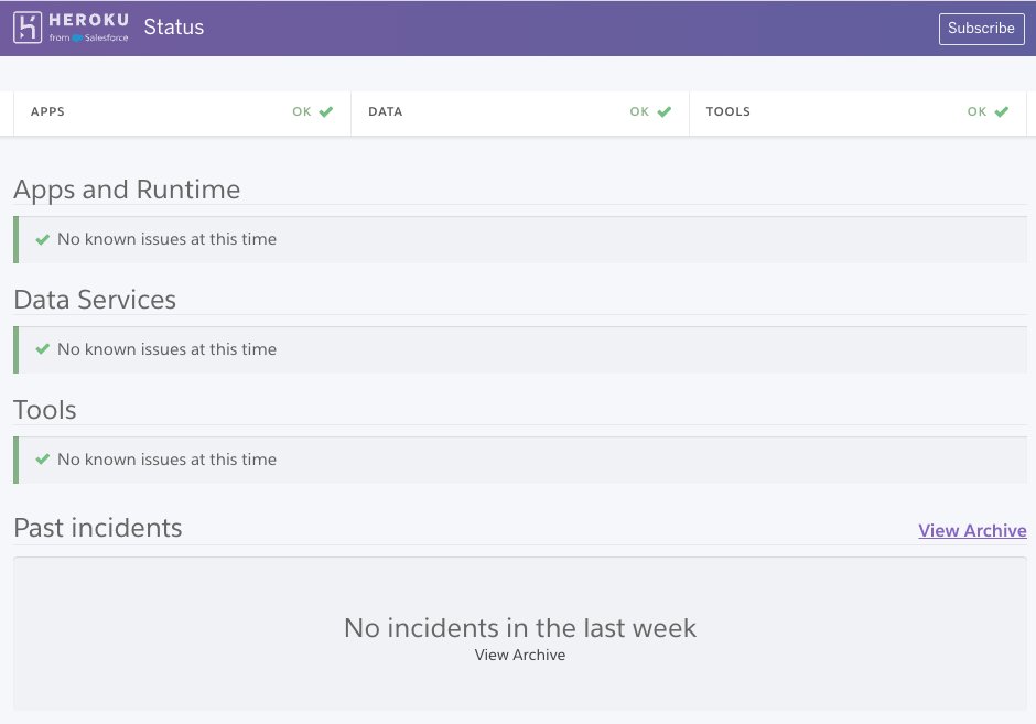 marcelritter_'s tweet photo. @jessethanley @herokustatus @heroku Always fun when the status page doesn't show the actual ... status

https://t.co/IcR8DtsBae https://t.co/Txr6cGLqVm