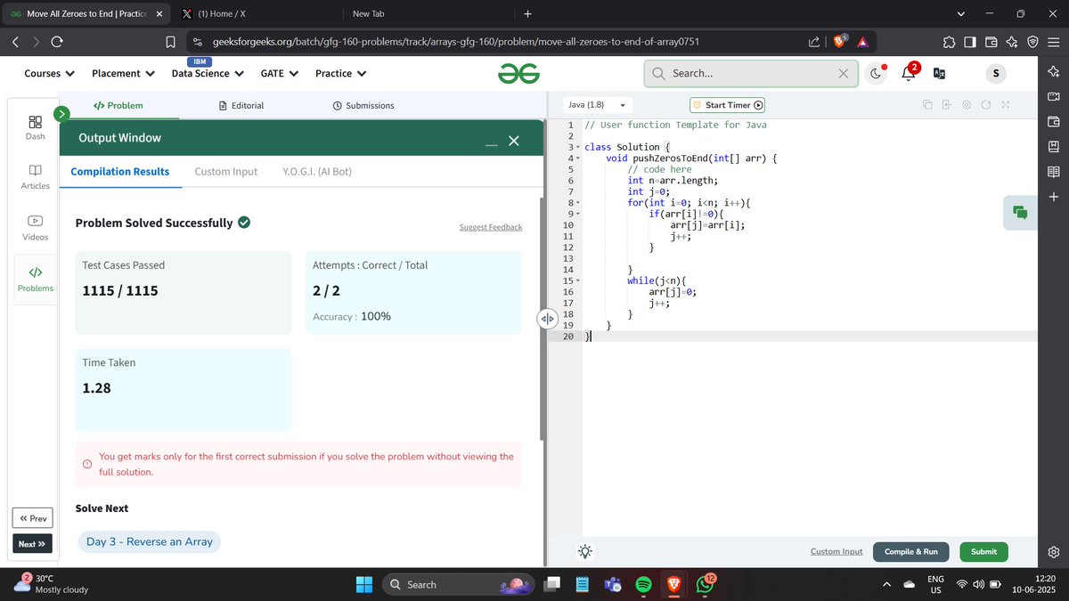 saurabhkjha21's tweet image. #Day02 of #GFG160 DSA Challenge
Problem:-Move All Zeroes to End
#gfg160  #geekstreak2025