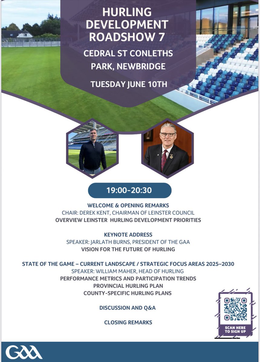 CillDaraHurling's tweet image. If you have an interest in hurling get along to St Conleths this evening at 7pm where GAA President Jarlath Burns &amp;amp; GAA National Head of Hurling William Maher will host a Hurling Development Roadshow
Scan the QR code to sign up for the event
@KildareGAA
@officialgaa