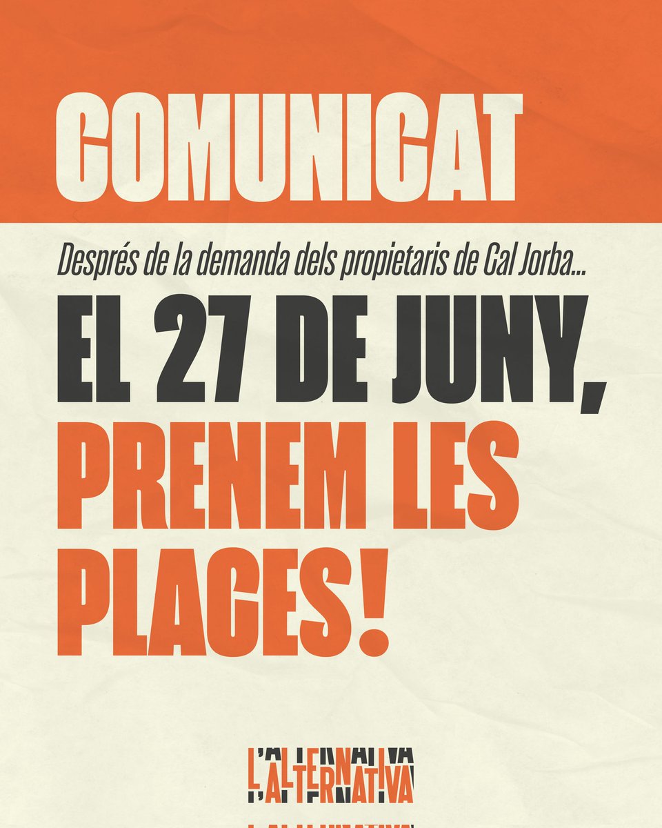 📢COMUNICAT DE L'ALTERNATIVA 

Una minoria de propietaris, atrinxerada darrere els murs de Can Jorba i moguda per interessos privats i la freda lògica de l'individualisme, ha sentenciat que la cultura popular,  ciutat que estimem i defensem.

(1/15)