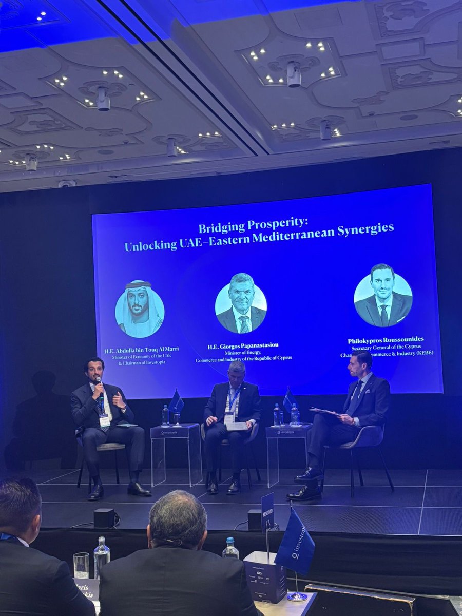 Cyprus Chamber of Commerce and Industry (@ccci_cyprus) on Twitter photo On stage now at #InvestopiaGlobal Mediterranean: H.E. Abdulla bin Touq Al Marri, UAE Minister of Economy <a href="/Economyae/">Ministry of Economy and Tourism - UAE</a>, and H.E. Giorgos Papanastasiou <a href="/GePapanastasiou/">George Papanastasiou</a>, Cyprus Minister of Energy, Commerce & Industry, explore how the GCC and Eastern Mediterranean can unlock shared On stage now at #InvestopiaGlobal Mediterranean: H.E. Abdulla bin Touq Al Marri, UAE Minister of Economy <a href="/Economyae/">Ministry of Economy and Tourism - UAE</a>, and H.E. Giorgos Papanastasiou <a href="/GePapanastasiou/">George Papanastasiou</a>, Cyprus Minister of Energy, Commerce & Industry, explore how the GCC and Eastern Mediterranean can unlock shared