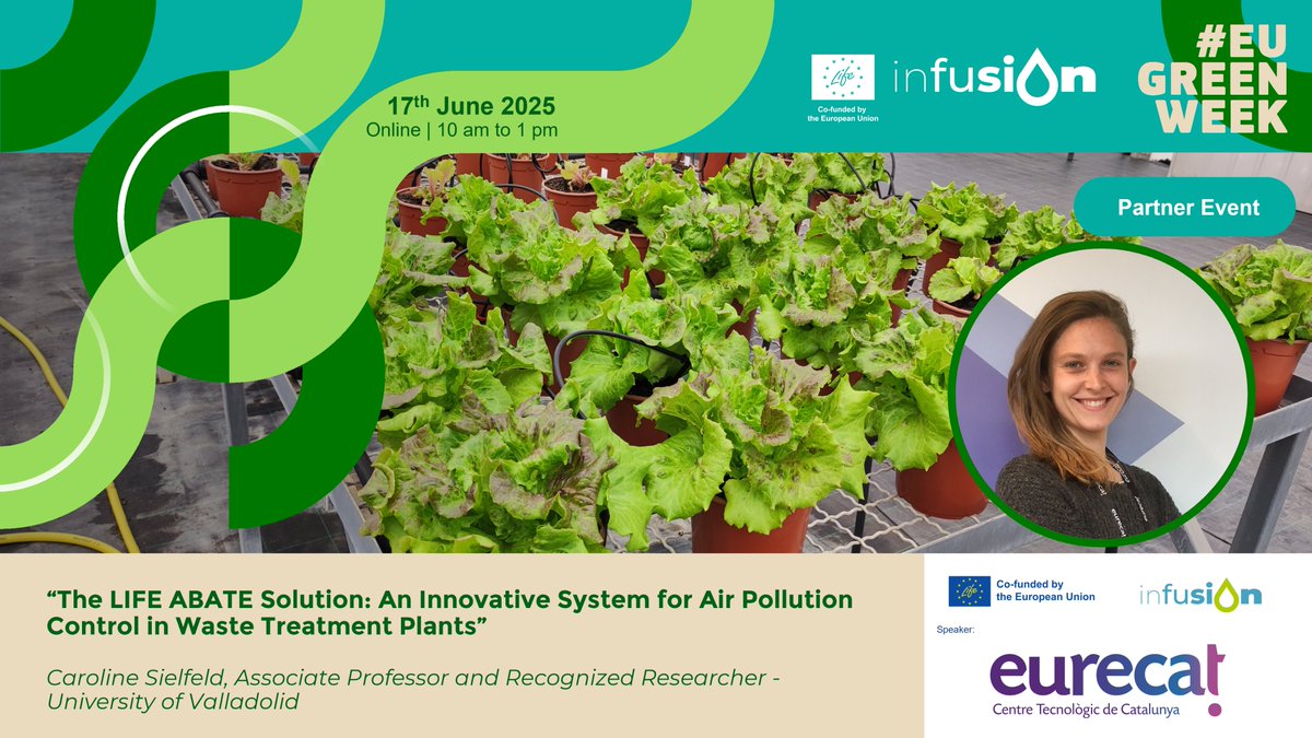 🔊 Meet our 1st speaker!

Caroline Sielfeld from <a href="/Eurecat_news/">Eurecat</a> will present #LifeInfusion: turning #waste effluents into biogas, nutrients &amp; water 🌱

🗓 17 June | 10–13 CET | Online | English
👉Register: bit.ly/Registration_L…

#EUGreenWeek #innovation #EUGW2025 #resources