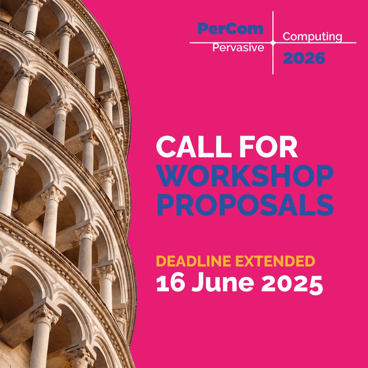 IEEEPerCom (@ieeepercom) on Twitter photo ๐จ Deadline Extended! ๐จ
The #PerCom2026 Call for Workshop Proposals is still open!
๐ก Don't miss your chance to submit your proposal!
๐๏ธ New Deadline: 16 June
๐ง Submit PDF to: percom2026workshops@fbk.eu
๐ Read more: percom.org/call-for-worksโฆ
#IEEEPerCom #CallForWorkshops ๐จ Deadline Extended! ๐จ
The #PerCom2026 Call for Workshop Proposals is still open!
๐ก Don't miss your chance to submit your proposal!
๐๏ธ New Deadline: 16 June
๐ง Submit PDF to: percom2026workshops@fbk.eu
๐ Read more: percom.org/call-for-worksโฆ
#IEEEPerCom #CallForWorkshops