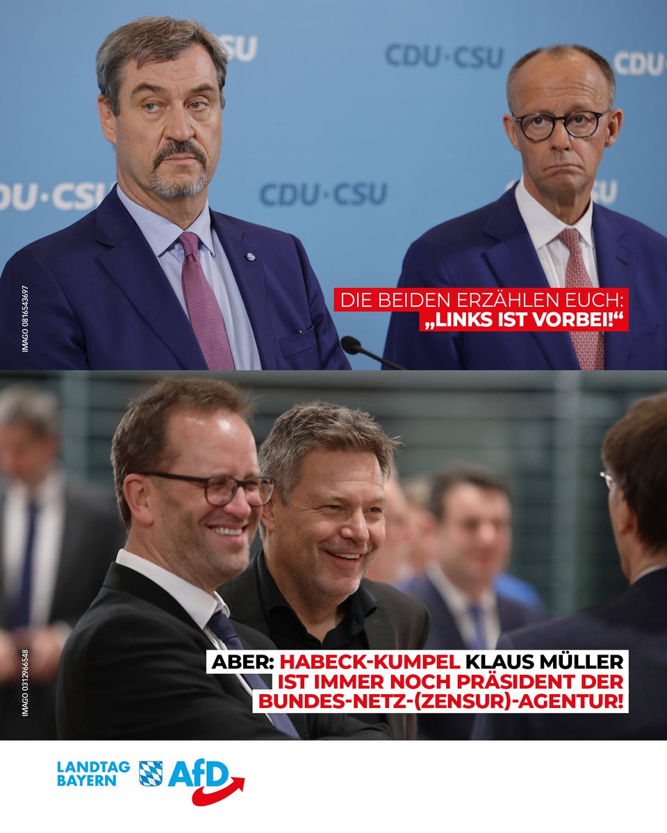 Söder und Merz behaupten, „Links ist vorbei!”, aber die Wahrheit sieht anders aus! Habecks Kumpel Klaus Müller ist immer noch Präsident der Bundesnetzagentur und treibt die Zensur voran. Während die beiden von „Wandel“ reden, bleibt die grüne Ideologie fest im Sattel. Lasst euch