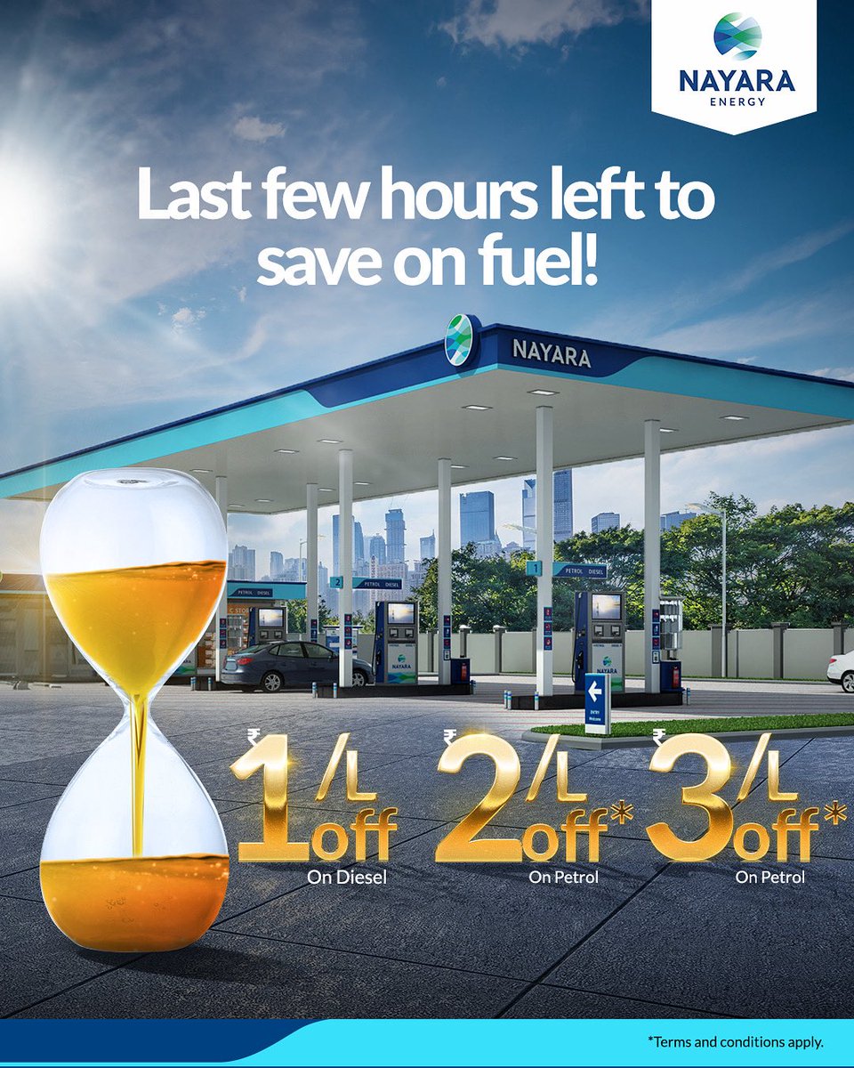 When both time and fuel are running low, make the smart choice and save.
Just a few hours left to avail offers at Nayara Energy Petrol Pumps.
Offer ends today. Don’t miss out!

#NayaraEnergy #Diesel #Petrol #Offers