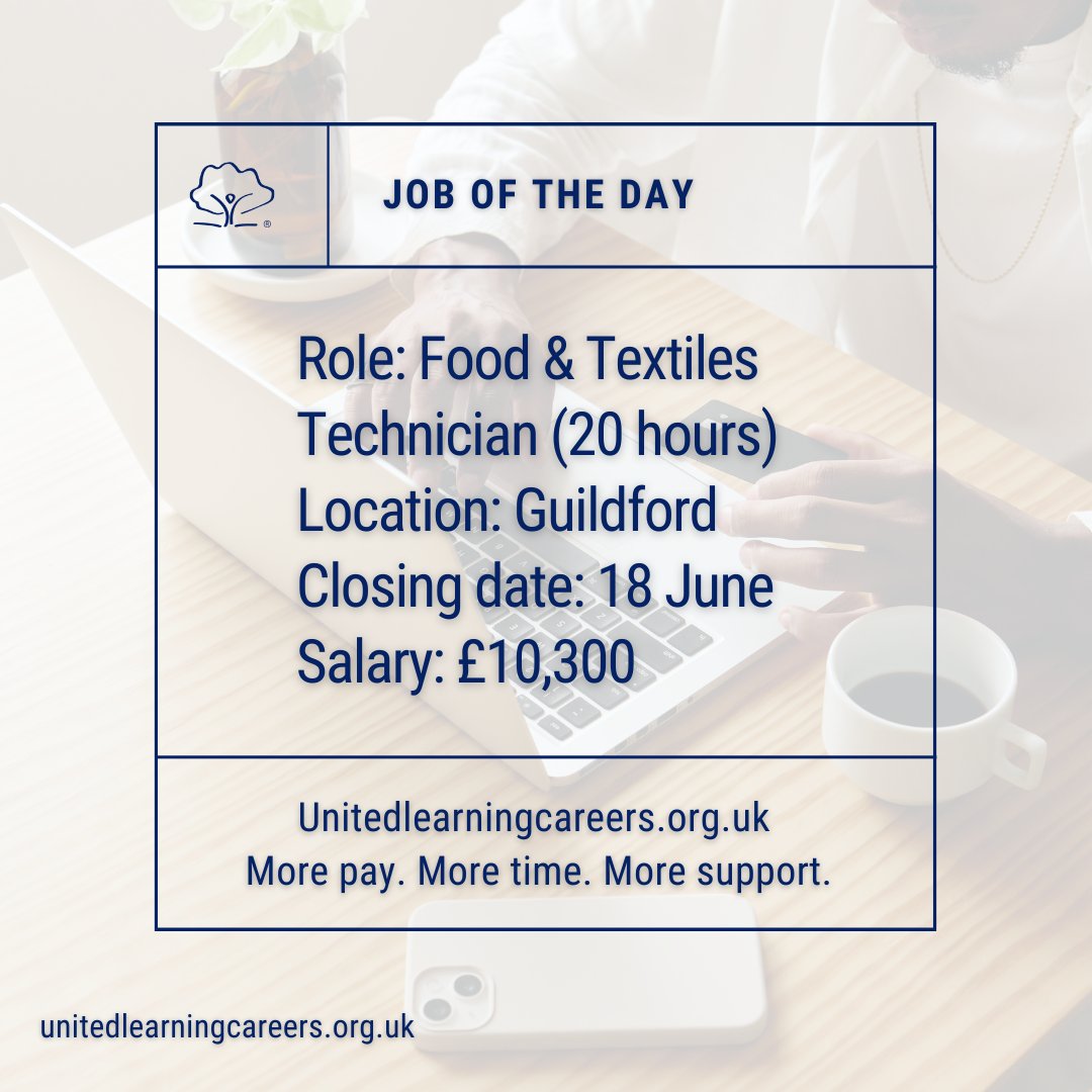 📣 Job of the day 📣 

We're looking to appoint a Food &amp; Textiles Technician.

If this could be you, find out more and view our vacancies: ow.ly/EzW950W4Flw

#JobOfTheDay #NowHiring #JobSearch #Hiring #Vacancy #ApplyNow #Education #OpenToWork #Jobs2Apply4 #JOTD