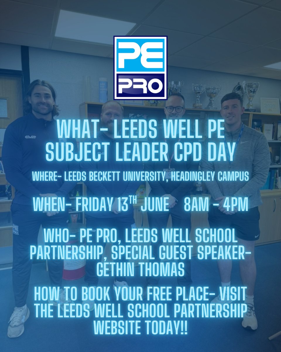 PE_ProApp's tweet image. Who, What, Where, When & How for the Leeds Well School Partnership PE Subject Leader CPD Day!
Visit- leedswellschoolpartnership.co.uk to book your free place