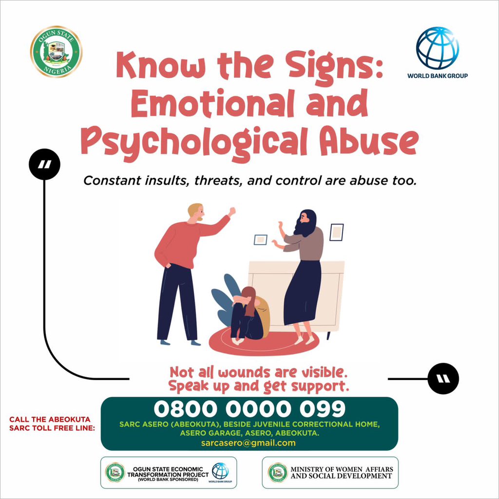 IyanuOluwa00001's tweet image. Emotional abuse leaves SCARS. Insults, threats &amp;amp; control aren't okay. You deserve better.
Call: 08000000666, 08000000088 08000000055 08000000077 08000000099.
@ogstep2020 @WBG_Nigeria @hon_motunrayo
 #YellowRevolutionAgainstGBV #SafeCentersOgun #EndGBVOgun #EndSEA #OGSTEPGender