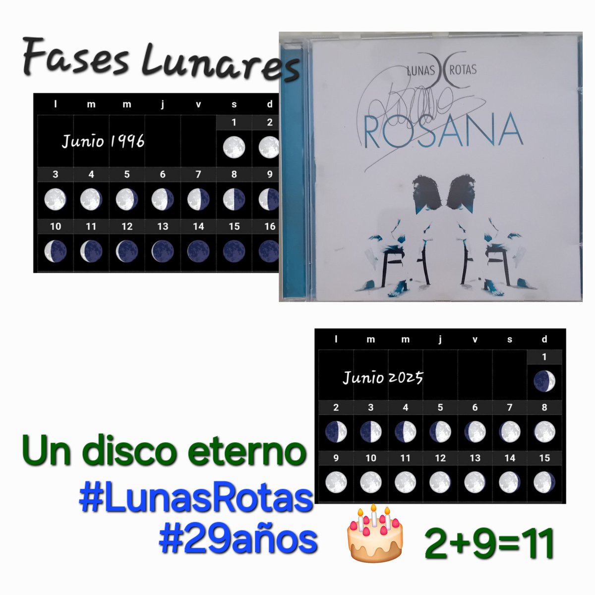 El 10 de Junio de 1996, la luna estaba en fase menguante, y hoy está casi llena.
Durante 29 años, las Lunas Rotas de @rosanaoficial nos ha acompañado en un disco único.

Y las señales también quieren participar, ya que 2+9= 1️⃣1️⃣💫💫