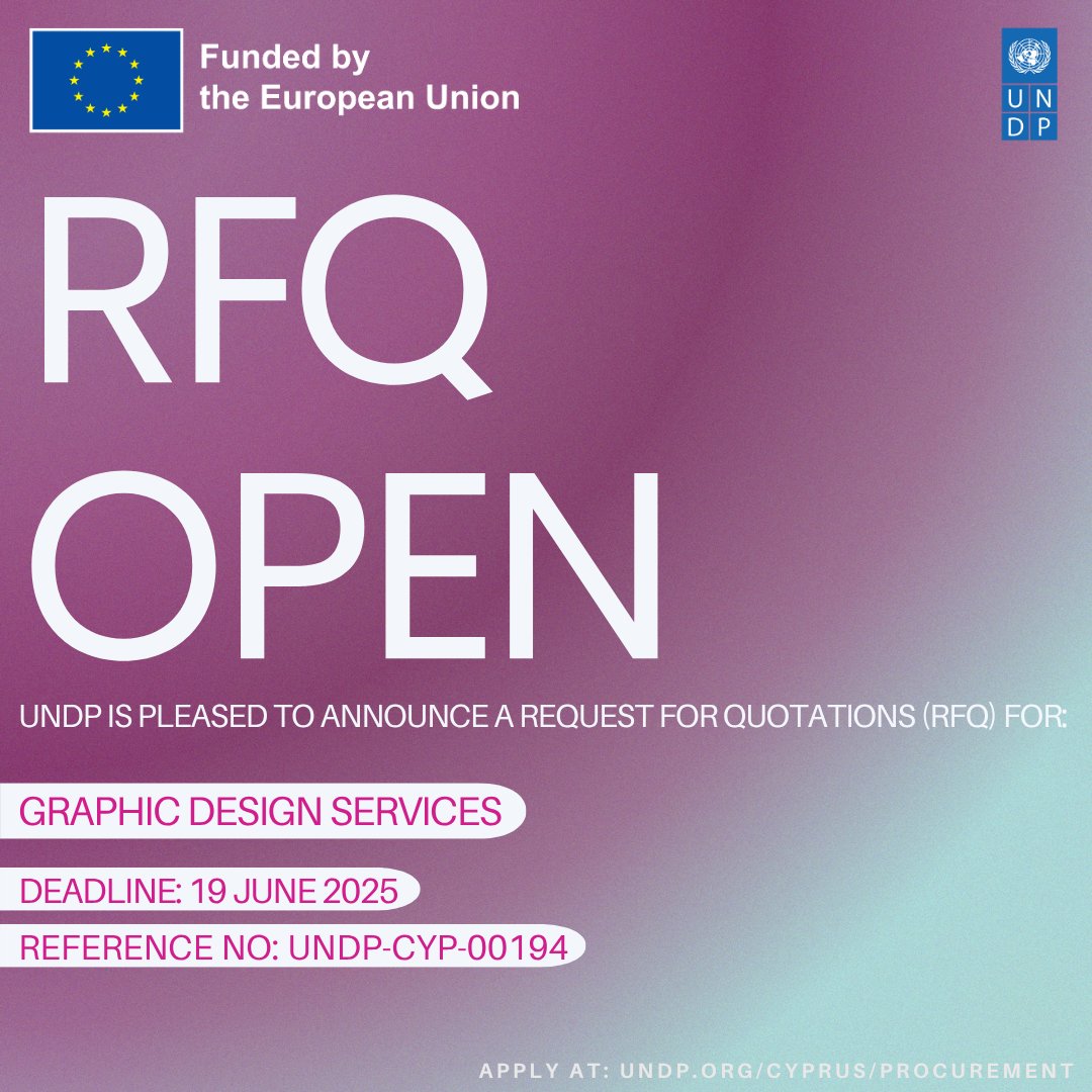 UNDPCY's tweet image. Respond to a Request for Quotations (RFQ)✍️ for &apos;Graphic Design Services&apos;

🗓Deadline: 19 June 2025
📍Reference No: UNDP-CYP-00194
procurement-notices.undp.org/view_negotiati…

📎Access all available tenders from here: undp.org/cyprus/procure…