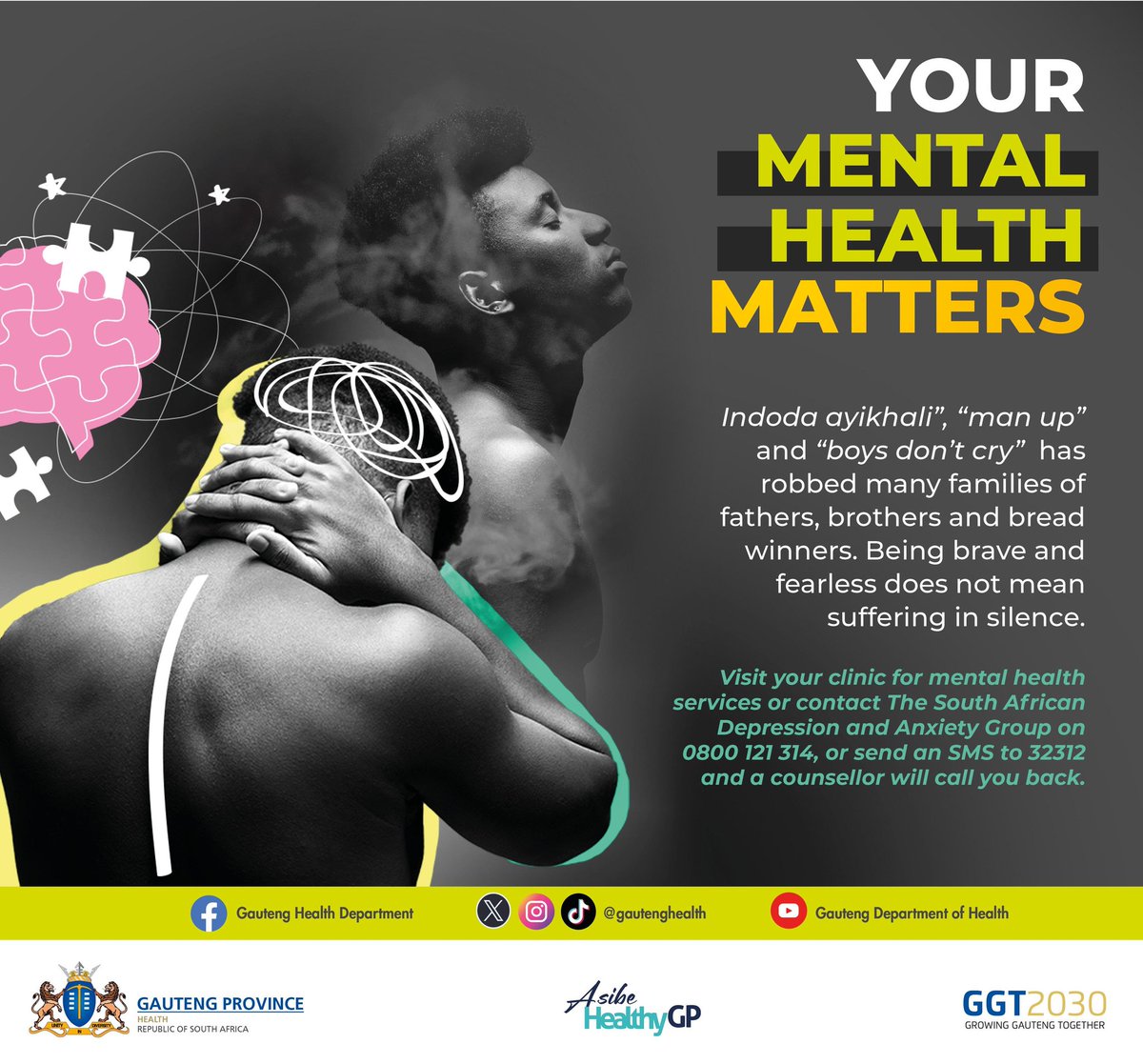 Toxic masculinity &amp; harmful expectations placed on men often expressed in phrases such as “Indoda ayikhali” &amp; “man up” have robbed many families of fathers, brothers &amp; bread winners. It’s okay for men to express their emotional challenges. #MentalHealthMatters #AsibeHealthyGP