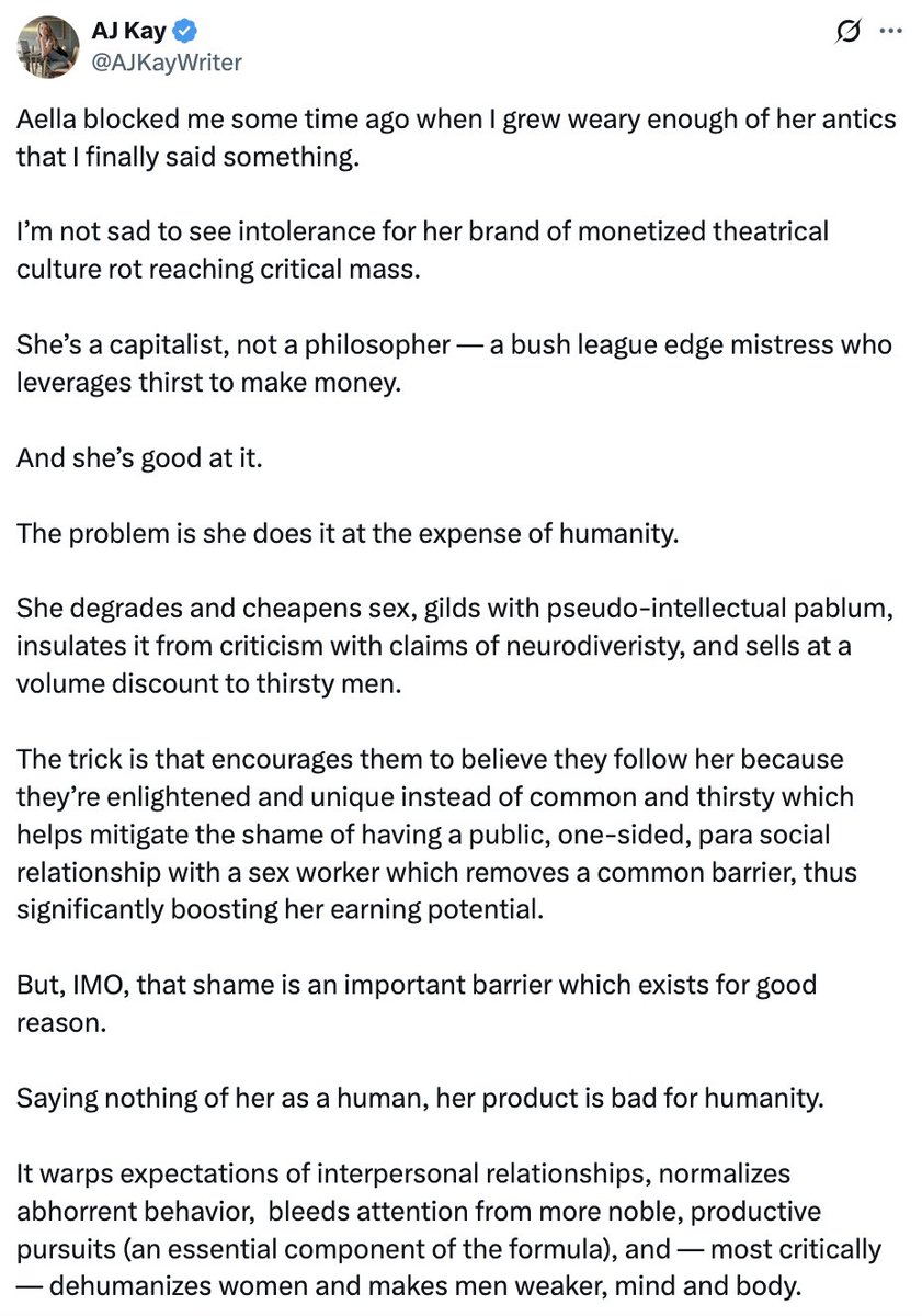 Aella lies to men about women to relieve their guilt about doing bad things: paying for sex, using porn, treating women as disposible non-humans, etc. She does this because it makes her money. She is an unethical person. The only reason men think she's an special intellectual is