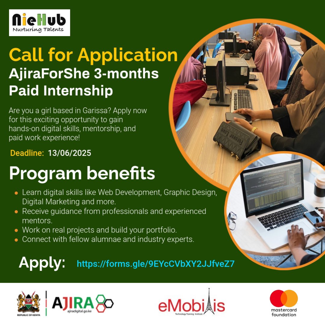NIEhub's tweet image. 3 Days Left!!

Young woman based in Garissa don’t miss your chance to join the #AjiraForShe program, empowering you with digital skills for the future of work.

Apply today and take the lead in the digital economy.

Link: forms.gle/9EYcCVbXY2JJfv…