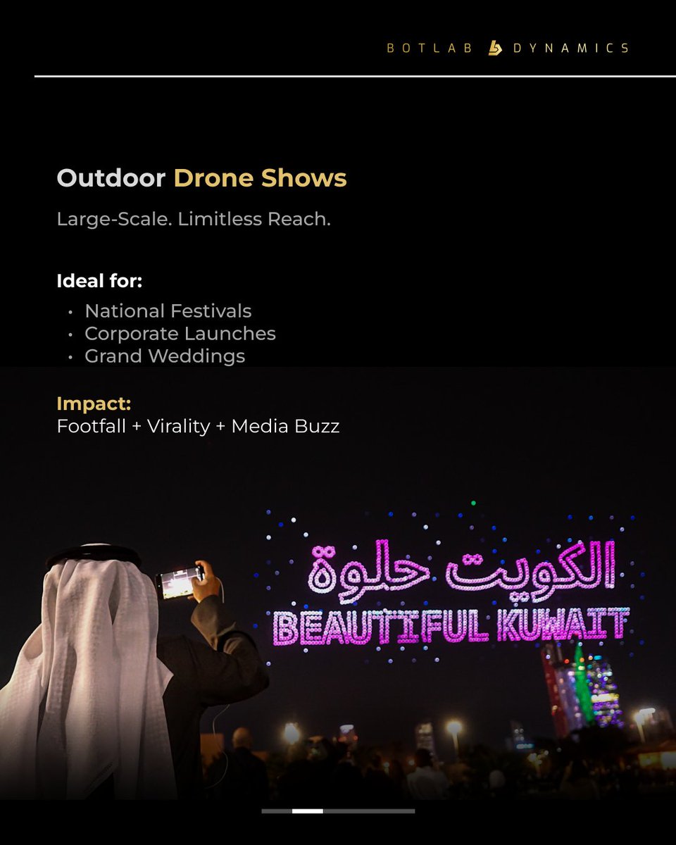 BotLabDynamics's tweet image. Elevate every event with BotLab Dynamics. From outdoor spectacles to immersive indoor magic, pyro choreography, and India’s first daylight drone shows—discover four formats that redefine the new age of storytelling.
#Droneshow #EventTech #BotLabDynamics #DroneInnovation