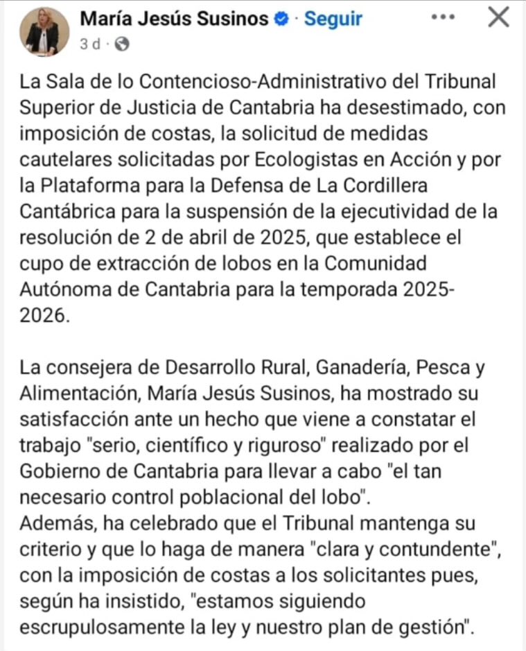 Ernesto Díaz (@ernestodmartin) on Twitter photo La consejera de medio rural de Cantabria dando palmas al TSJ de su comunidad, que dice que matar 41 lobos está bien y nos casca 300 pavos de propina. Pero mira, <a href="/mariajsusinos/">María Jesús Susinos</a> mataréis a esos lobos, pero ten por seguro que vais a perder esto. Arrieros somos. La consejera de medio rural de Cantabria dando palmas al TSJ de su comunidad, que dice que matar 41 lobos está bien y nos casca 300 pavos de propina. Pero mira, <a href="/mariajsusinos/">María Jesús Susinos</a> mataréis a esos lobos, pero ten por seguro que vais a perder esto. Arrieros somos.