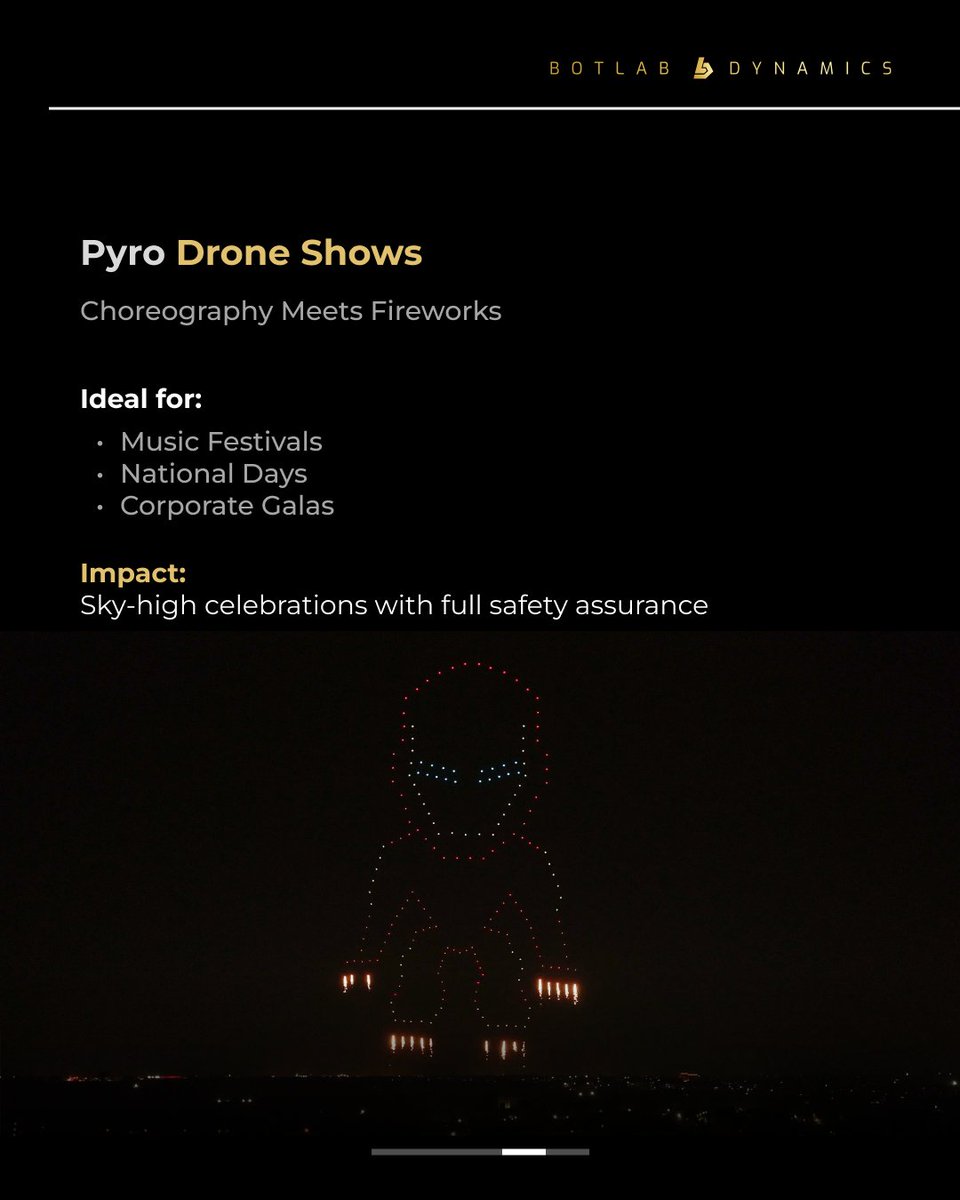BotLabDynamics's tweet image. Elevate every event with BotLab Dynamics. From outdoor spectacles to immersive indoor magic, pyro choreography, and India’s first daylight drone shows—discover four formats that redefine the new age of storytelling.
#Droneshow #EventTech #BotLabDynamics #DroneInnovation