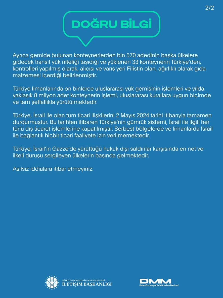 "Mersin Limanı’na yanaşan Liberya bandıralı VELA isimli konteyner gemisi, İsrail Askeri Sanayii (IMI) için çelik taşıyordu" iddiası doğru değildir.

İspanya'dan gelip, 9 Haziran 2025 tarihinde saat 14:00’te Mersin Limanı’na yanaşan ve saat 15:25 itibarıyla tahliye işlemleri