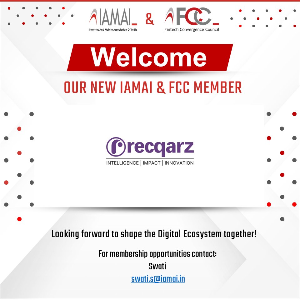 Welcoming <a href="/recqarz/">recqarz</a> to the IAMAI &amp; FCC Family!
At recqarz.com, debt recovery meets disruption. 
We’re excited to welcome them as we power the next phase of intelligent financial communication.
#Recqarz #IAMAI #FCC #AIinFinance