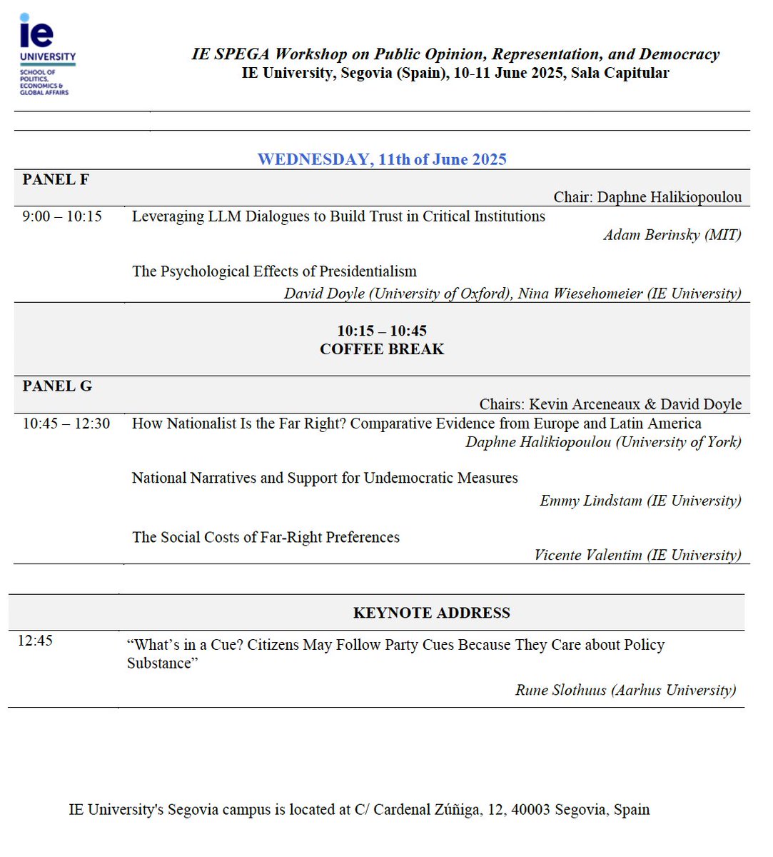 IE Political Science (@iepolisci) on Twitter photo We're getting started with our two-day Workshop on Public Opinion, Representation, and Democracy. Organized by DJ Flynn <a href="/d_j_flynn/">D.J. Flynn</a> and Nina Wiesehomeier, and held in our Segovia campus. <a href="/IEuniversity/">IE University</a> <a href="/iespega/">IE School of Politics, Economics & Global Affairs</a>
Great line-up, live updates below! 🧵 We're getting started with our two-day Workshop on Public Opinion, Representation, and Democracy. Organized by DJ Flynn <a href="/d_j_flynn/">D.J. Flynn</a> and Nina Wiesehomeier, and held in our Segovia campus. <a href="/IEuniversity/">IE University</a> <a href="/iespega/">IE School of Politics, Economics & Global Affairs</a>
Great line-up, live updates below! 🧵