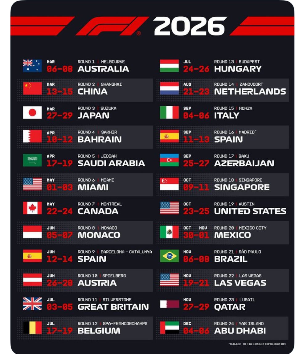 En daar is t’ie: de F1 kalender van 2026 is  officieel.
#F1