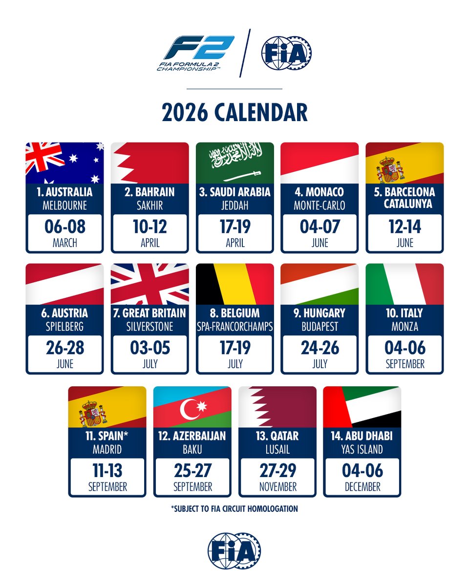 The World Motor Sport Council has approved the FIA Formula 2 Championship calendar for 2026.

#FIA #FIAMacauConference2025 #F2