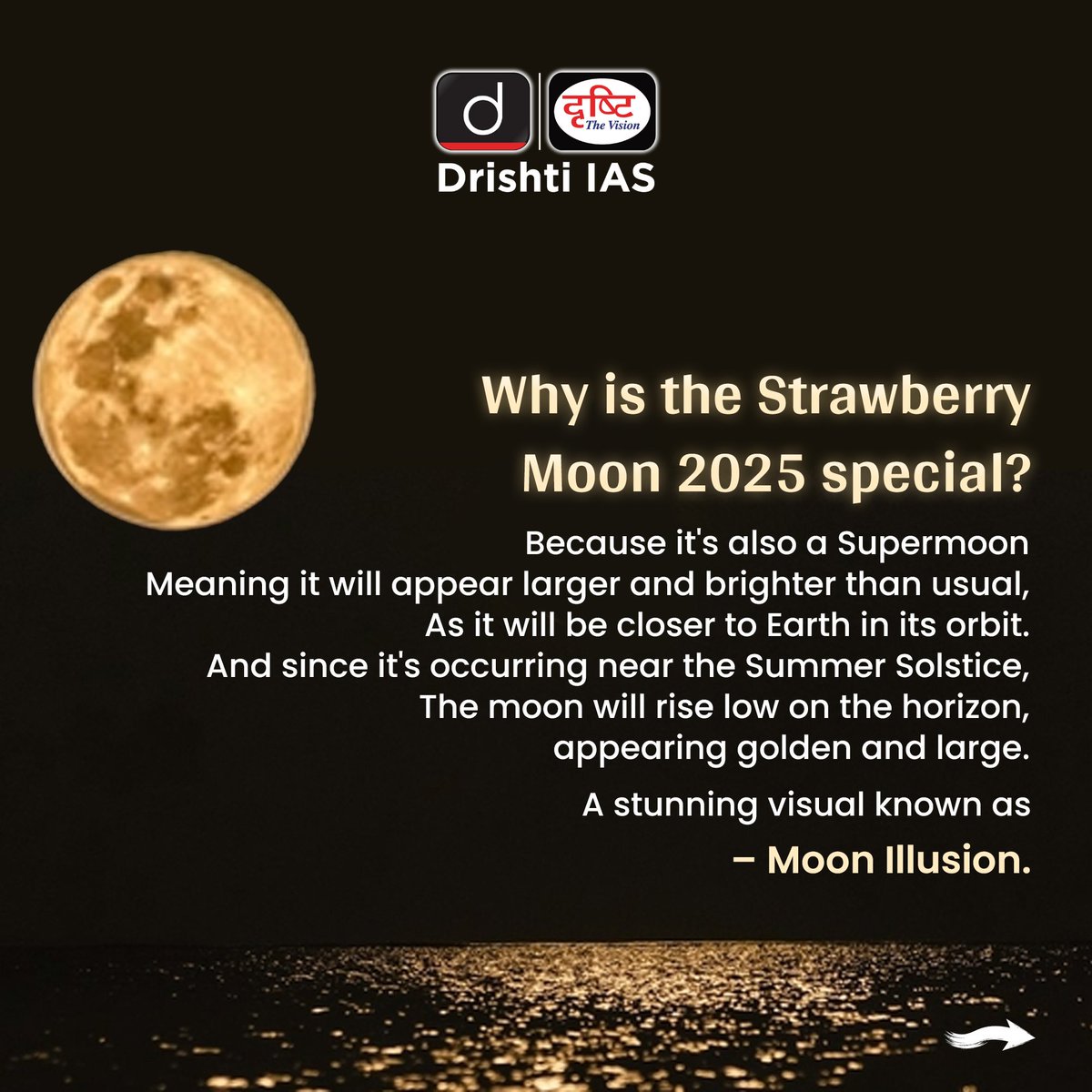 drishtiiaseng's tweet photo. A golden #Moonrise, closer than ever —
Don’t miss the Strawberry Supermoon tonight at 7 PM.
A rare blend of beauty, tradition, and celestial magic.
#StrawberryMoon #StrawberryMoon2025 #Moon #SupermoonMagic #CelestialBeauty #SkyGazing #MoonIllusion #DrishtiIAS #DrishtiIASEnglish https://t.co/1tdM8YW8RB