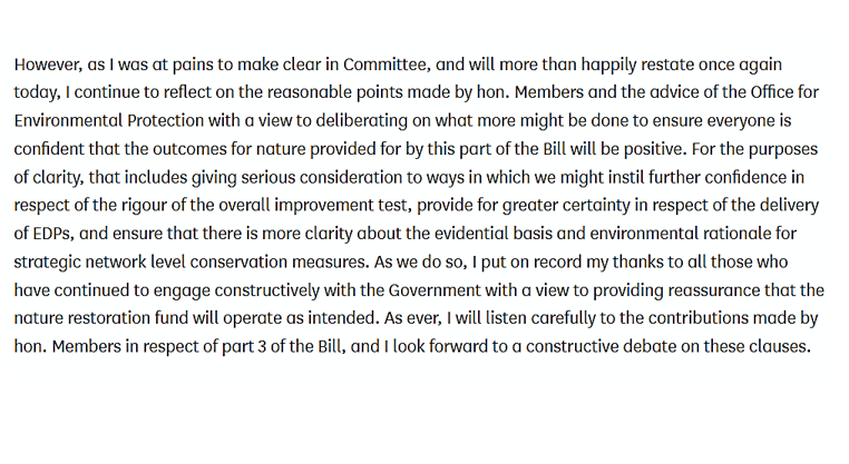 The #PlanningBill needs far more than cosmetic change to ensure that, instead of harming nature, it delivers nature-positive development.

So it's good to see the Minister recognise some top issues: legal certainty &amp; scientific basis for offsite action. Now for amendments please.