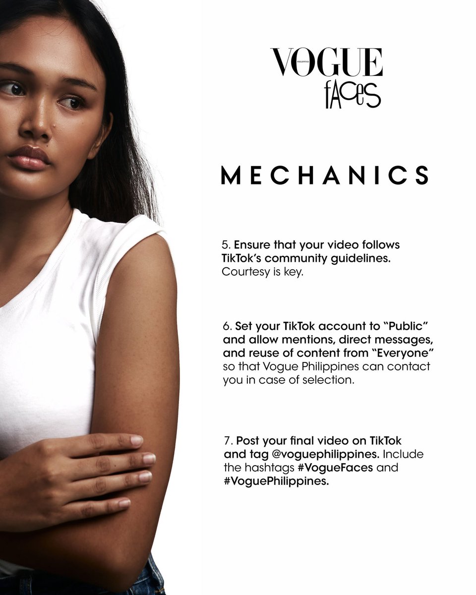 Vogue Philippines invites Filipinos from anywhere in the world to join the third #VogueFaces casting call. To apply on TikTok, read the mechanics below and upload your video response to the prompt: What makes you, you?

Visit vogue.ph for more information.